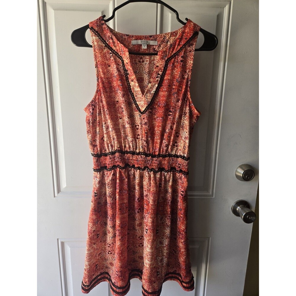 GUESS Fit And Flare V Neck  Dress Medium  Orange Multicolor Print Women's